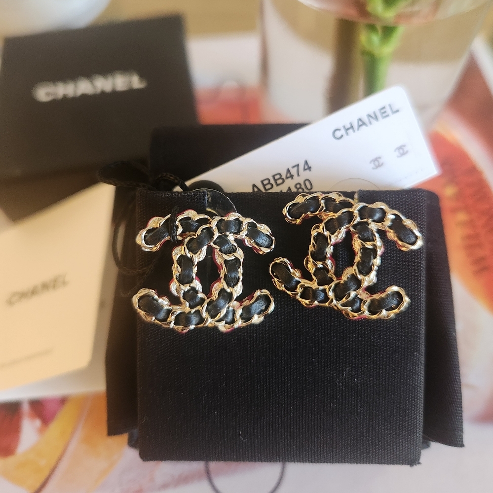 Chanel Leather CC Chain Stud Earrings Black Gold Pink